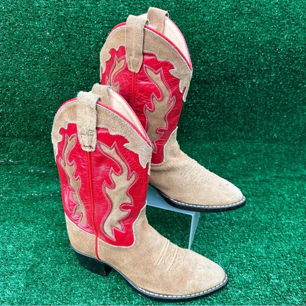 Old West Cowboy Cowgirl Boots Youth 1.5 Beige Suede Red Leather 1418 015 Inlay